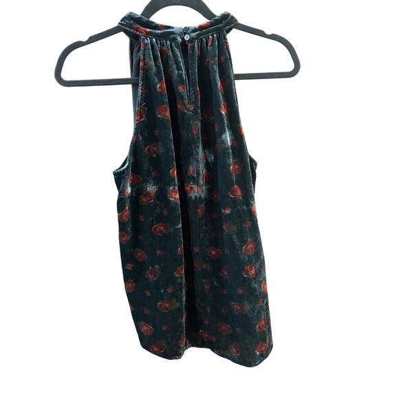 LOFT Green Velvet Red Rose Shirted Halter Top Sz M High Neck Christmas Party - Picture 3 of 7